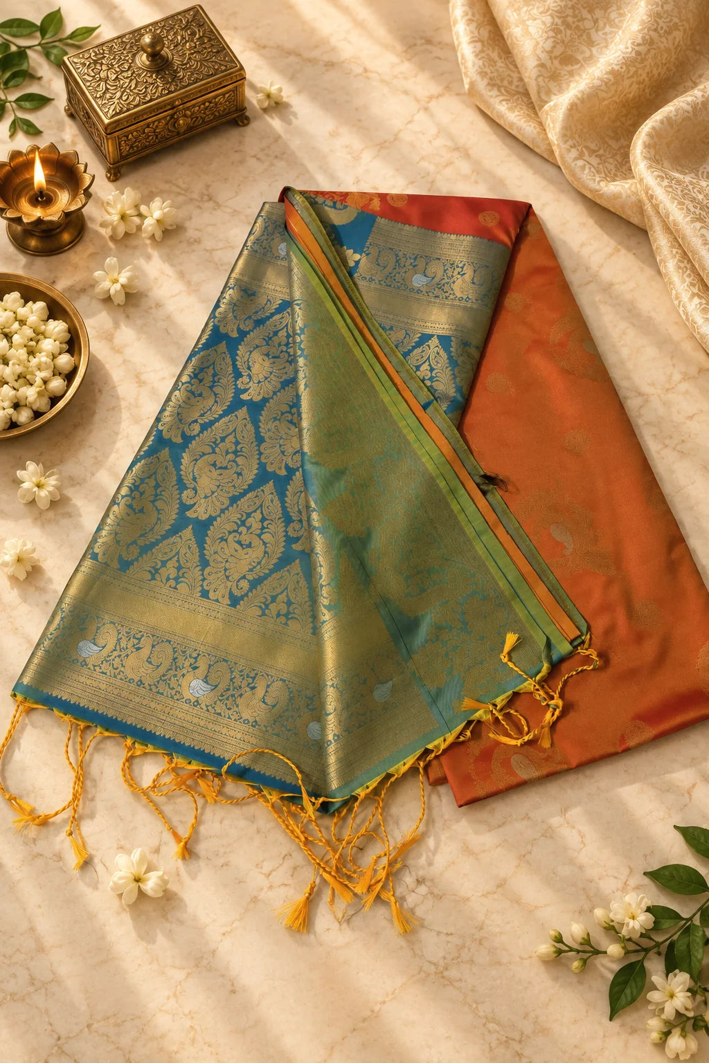 Teal Blue & Orange Silk Saree with Rich Gold Zari Motifs