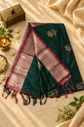 Emerald Green & Maroon Silk Saree with Antique Gold Zari