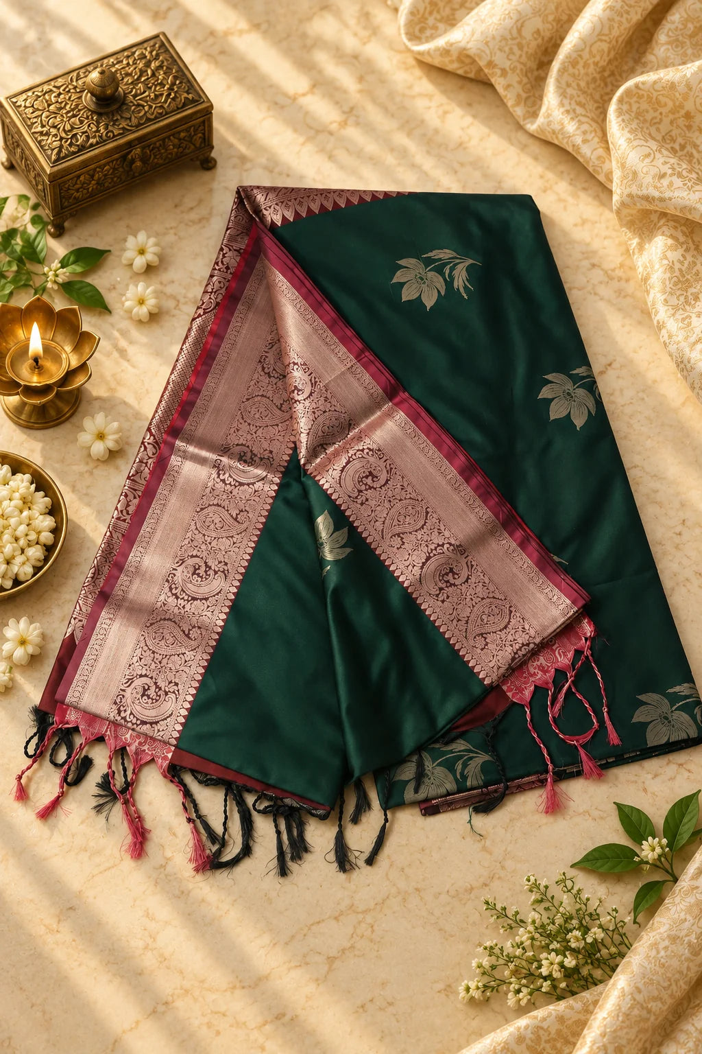 Emerald Green & Maroon Silk Saree with Antique Gold Zari