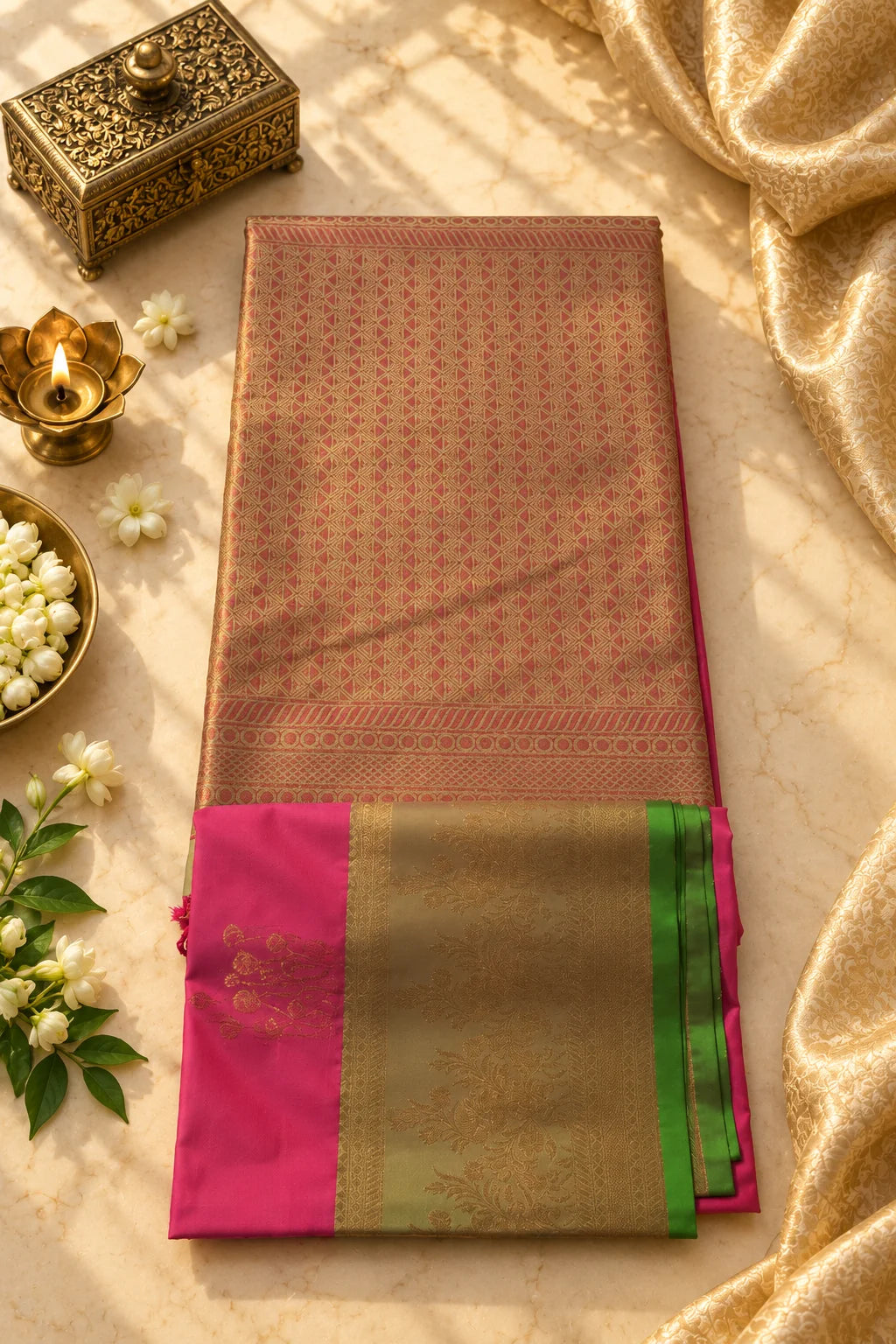 Dusty Rose Pink & Gold Silk Saree with Contrast Pink & Green Pallu