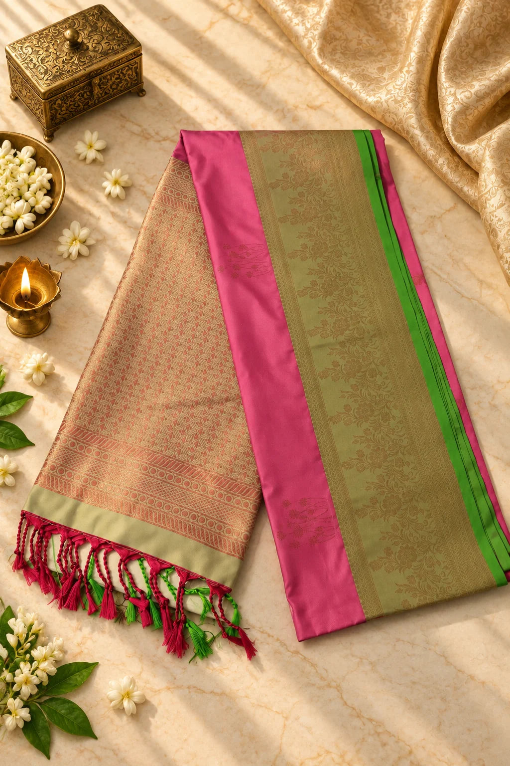 A folded Indian silk saree displayed on a marble surface with decorative props. The saree has a beige body with fine red and gold woven patterns, a vibrant pink border, and a green and gold zari-painted pallu.