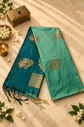 Teal Green & Sea Green Silk Saree with Antique Gold Paisley Zari