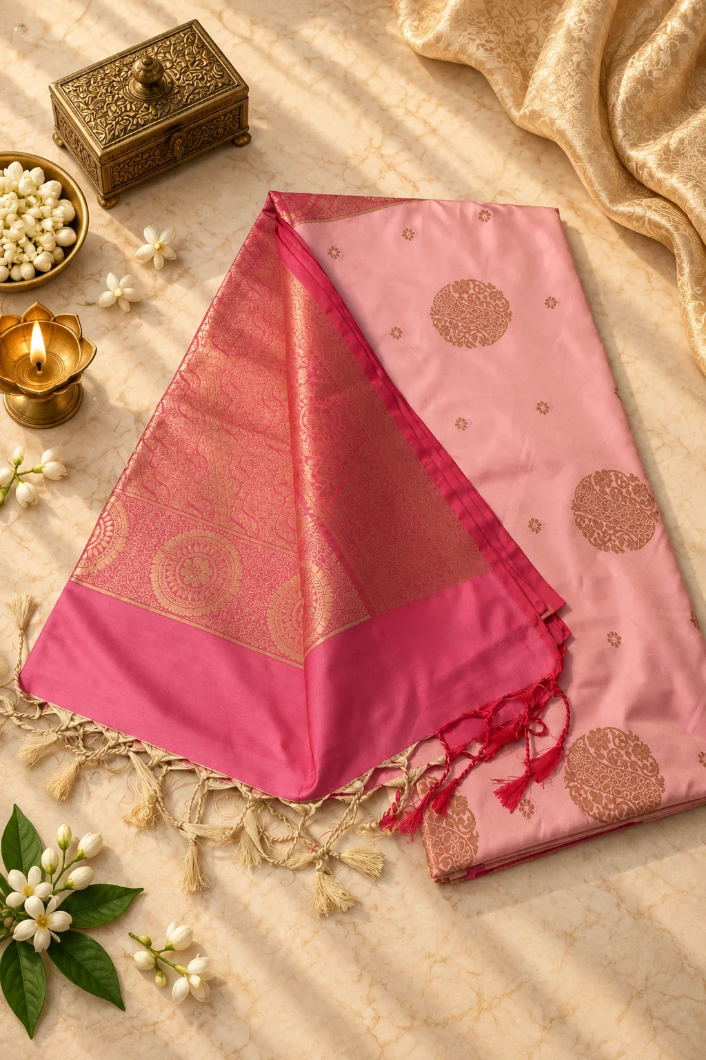 Blush Pink & Rani Pink Silk Saree with Antique Gold Zari Motifs