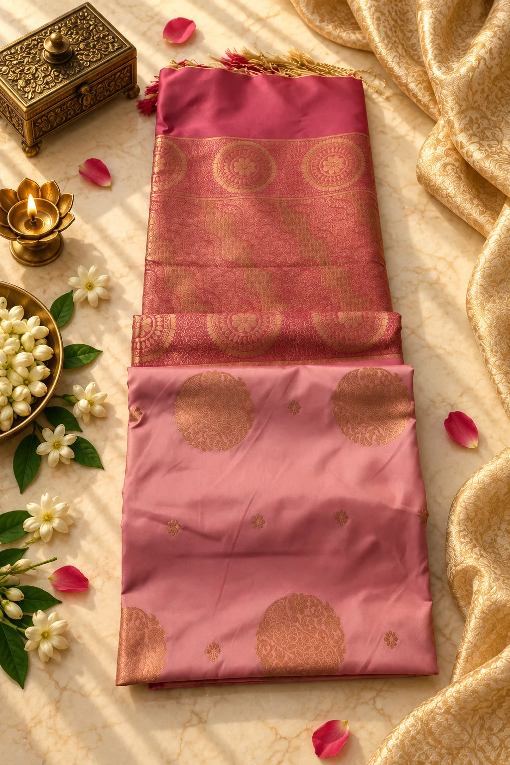 Blush Pink & Rani Pink Silk Saree with Antique Gold Zari Motifs
