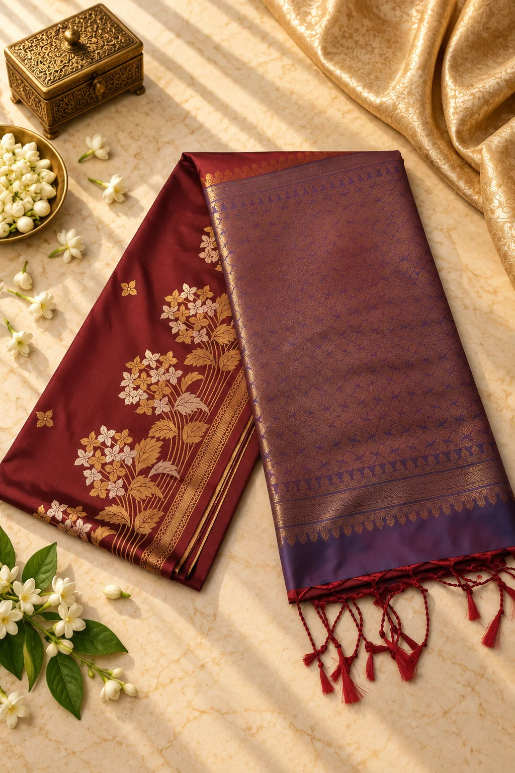 Burgundy & Purple Silk Saree with Floral Zari and Contrast Pallu