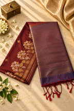 Burgundy & Purple Silk Saree with Floral Zari and Contrast Pallu
