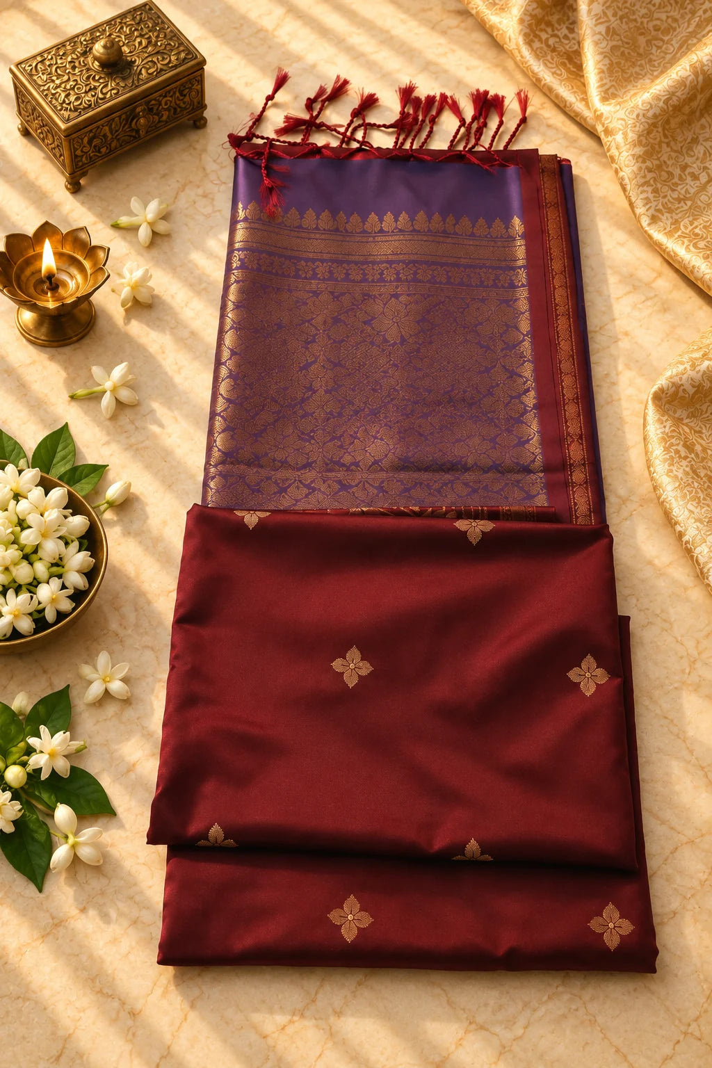 Burgundy & Purple Silk Saree with Floral Zari and Contrast Pallu