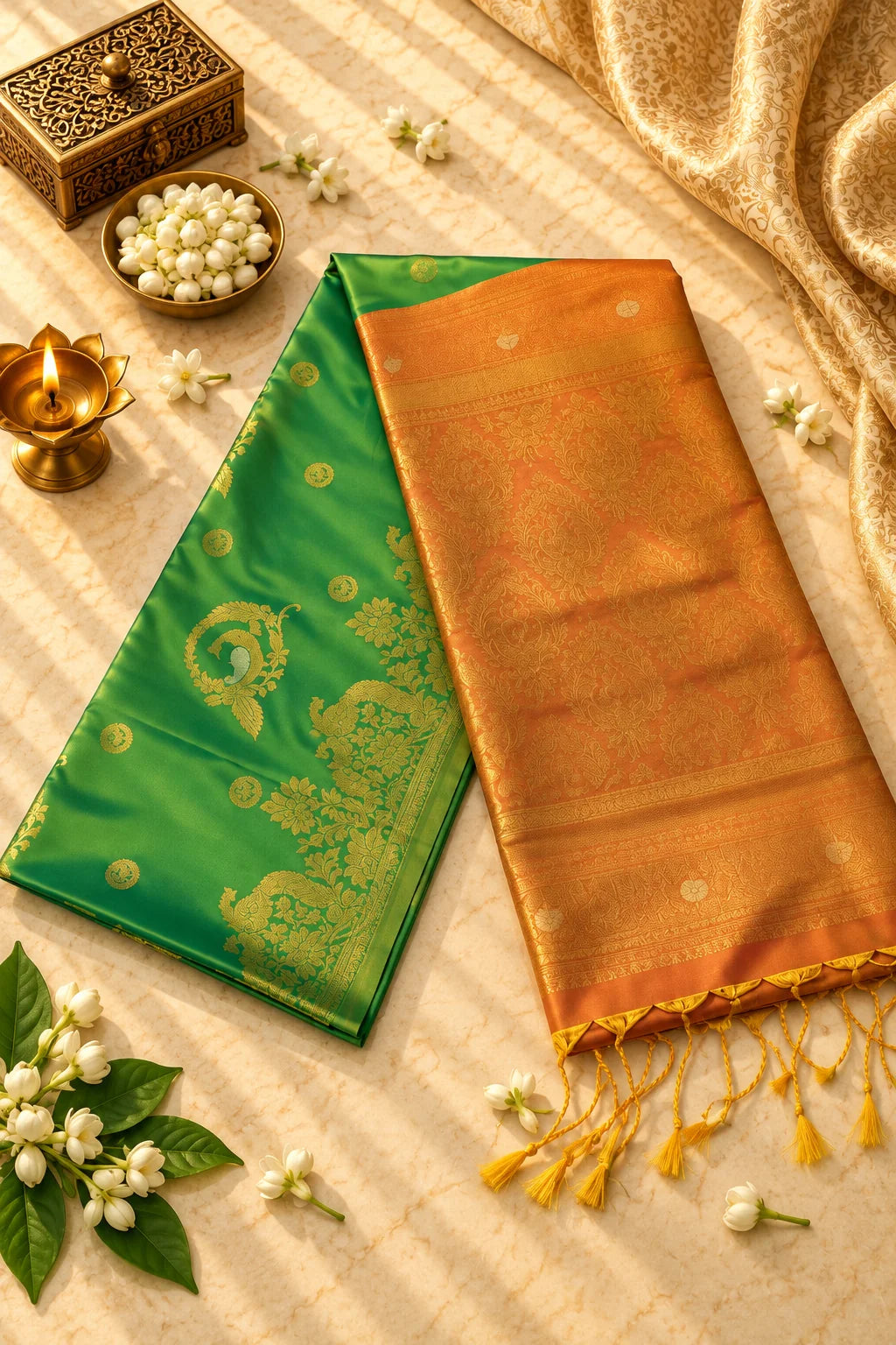 Emerald Green & Burnt Orange Silk Saree with Antique Gold Zari