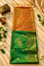 Emerald Green & Burnt Orange Silk Saree with Antique Gold Zari