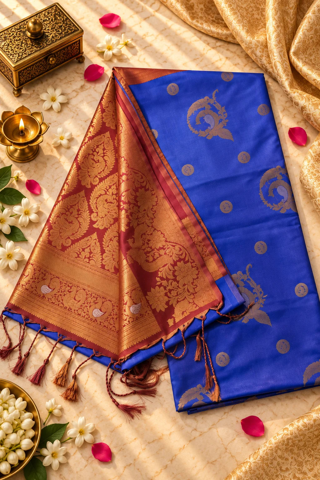 Royal Blue & Copper Red Silk Saree with Peacock Zari Motifs