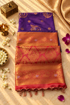 Royal Purple & Coral Pink Silk Saree with Rich Antique Gold Zari