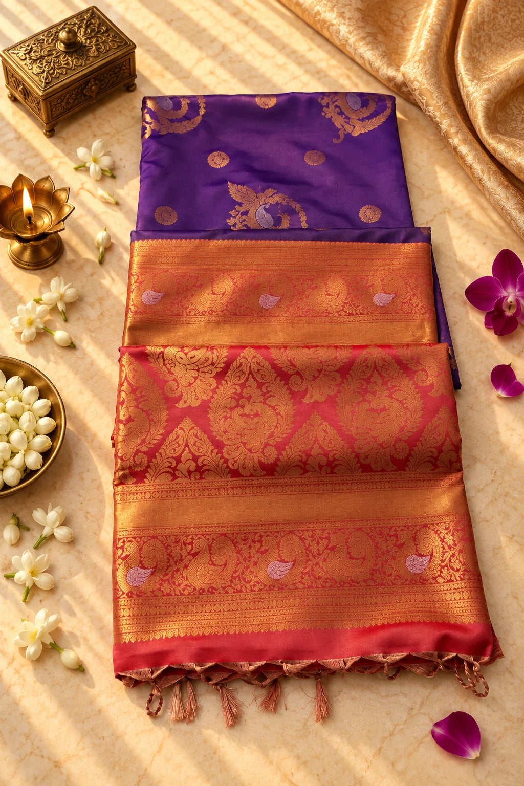 Royal Purple & Coral Pink Silk Saree with Rich Antique Gold Zari
