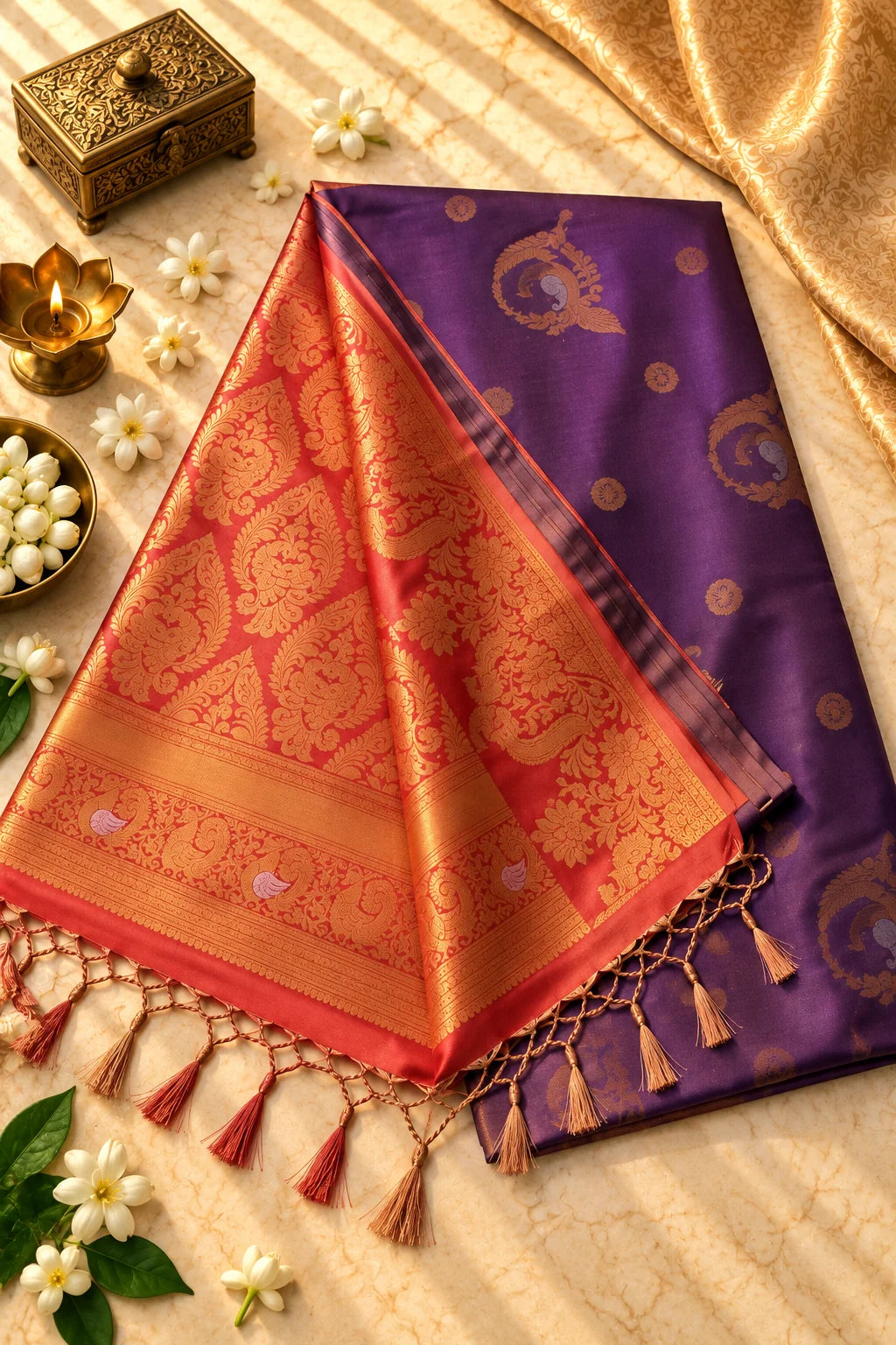 Royal Purple & Coral Pink Silk Saree with Rich Antique Gold Zari