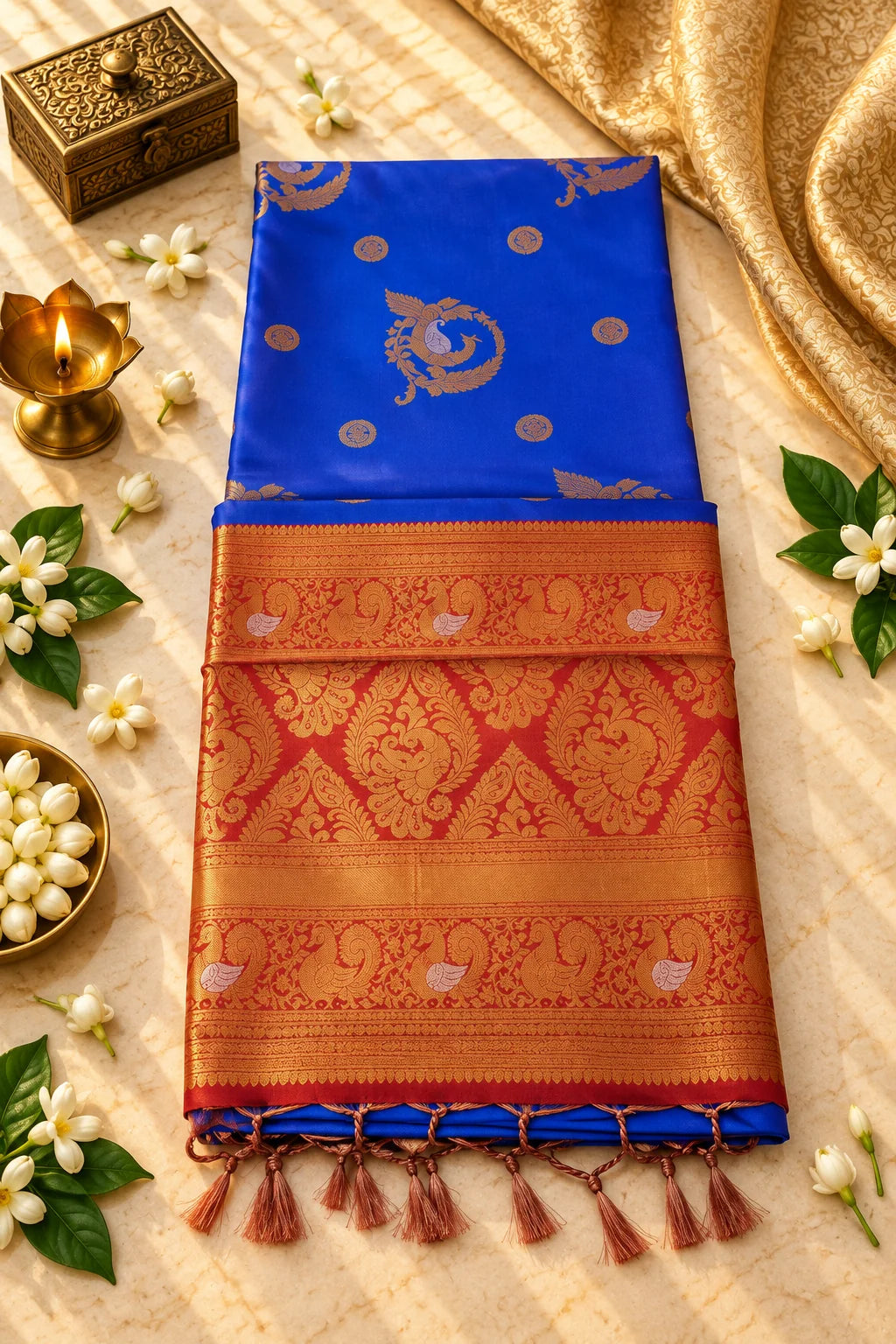 Royal Blue & Copper Red Silk Saree with Peacock Zari Motifs