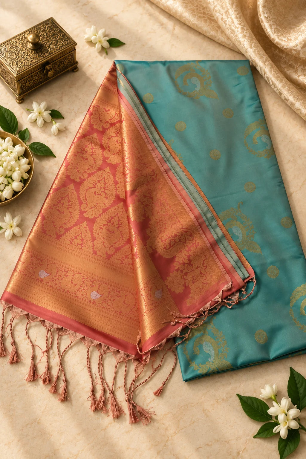 Teal Blue & Peach Silk Saree with Peacock Zari Motifs