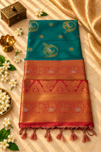 Teal Blue & Peach Silk Saree with Peacock Zari Motifs