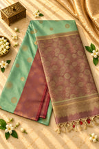 Mint Green & Wine Silk Saree with Floral Zari Pallu
