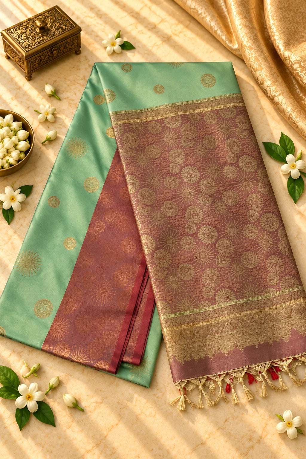 Mint Green & Wine Silk Saree with Floral Zari Pallu