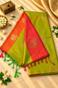Parrot Green & Coral Red Silk Saree with Paisley Zari Motifs