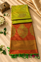 Parrot Green & Coral Red Silk Saree with Paisley Zari Motifs