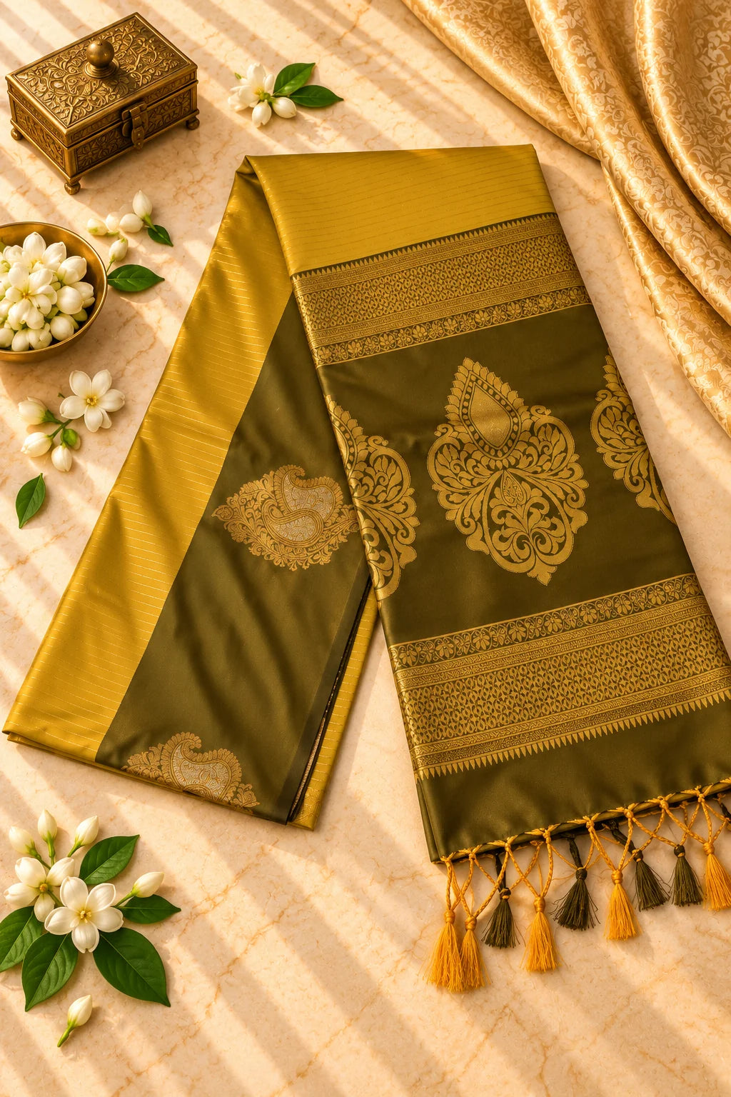 Mustard Gold & Olive Green Silk Saree with Paisley Zari Motifs