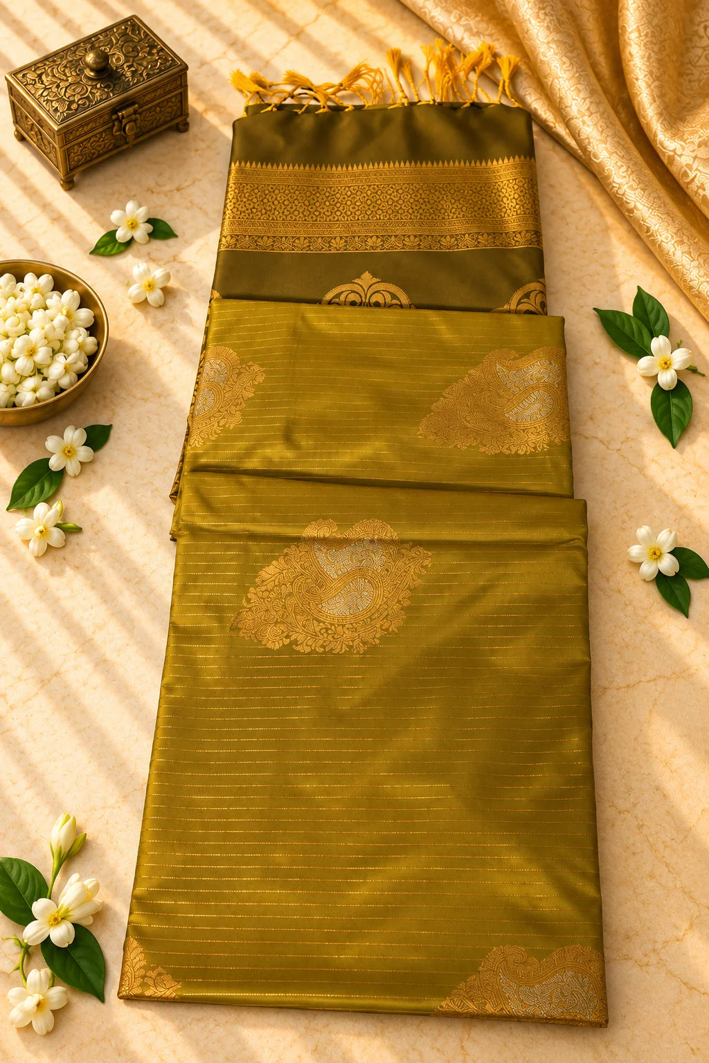 Mustard Gold & Olive Green Silk Saree with Paisley Zari Motifs