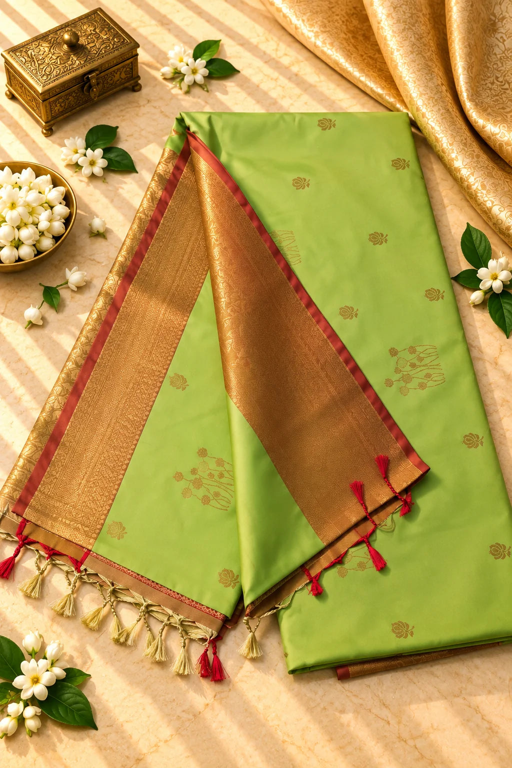 Parrot Green & Antique Gold Silk Saree with Maroon Zari Border