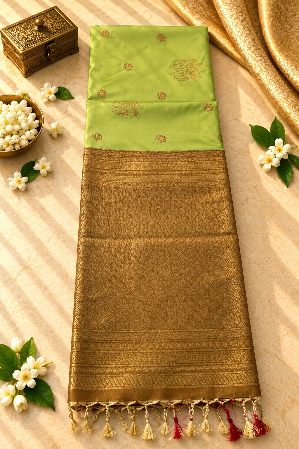 Parrot Green & Antique Gold Silk Saree with Maroon Zari Border