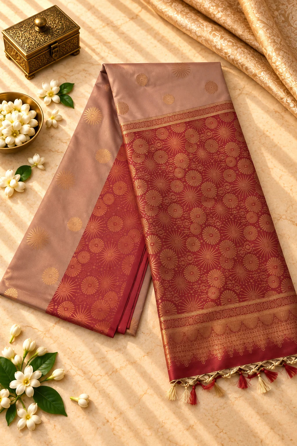 Blush Rose & Maroon Gold Zari Silk Saree