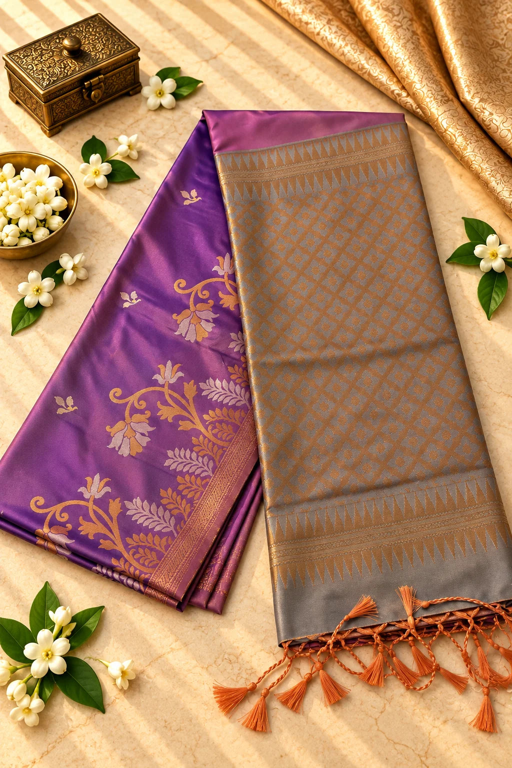 Royal Purple & Antique Gold Silk Saree with Grey Zari Pallu