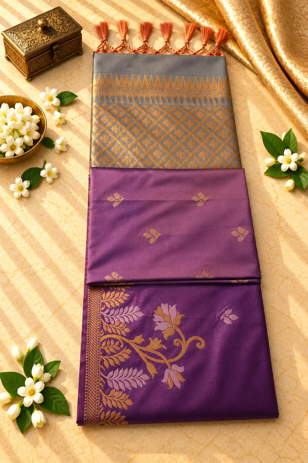Royal Purple & Antique Gold Silk Saree with Grey Zari Pallu