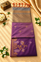 Royal Purple & Antique Gold Silk Saree with Grey Zari Pallu