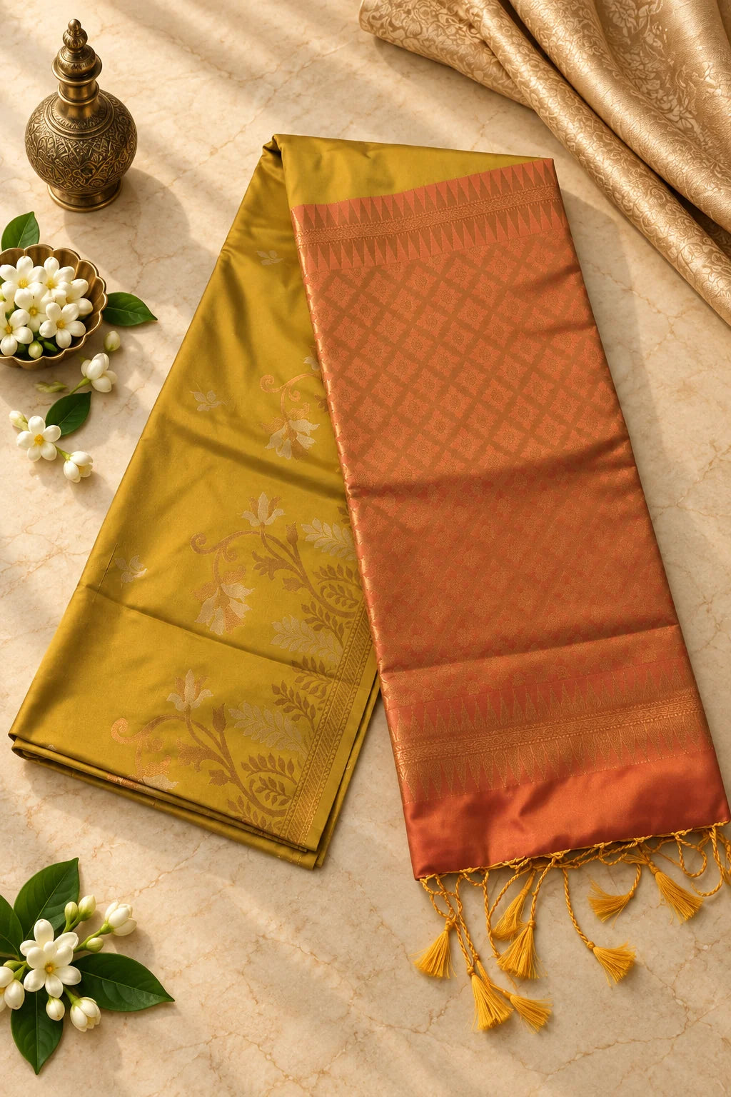 Mustard Gold & Copper Silk Saree with Floral Motifs