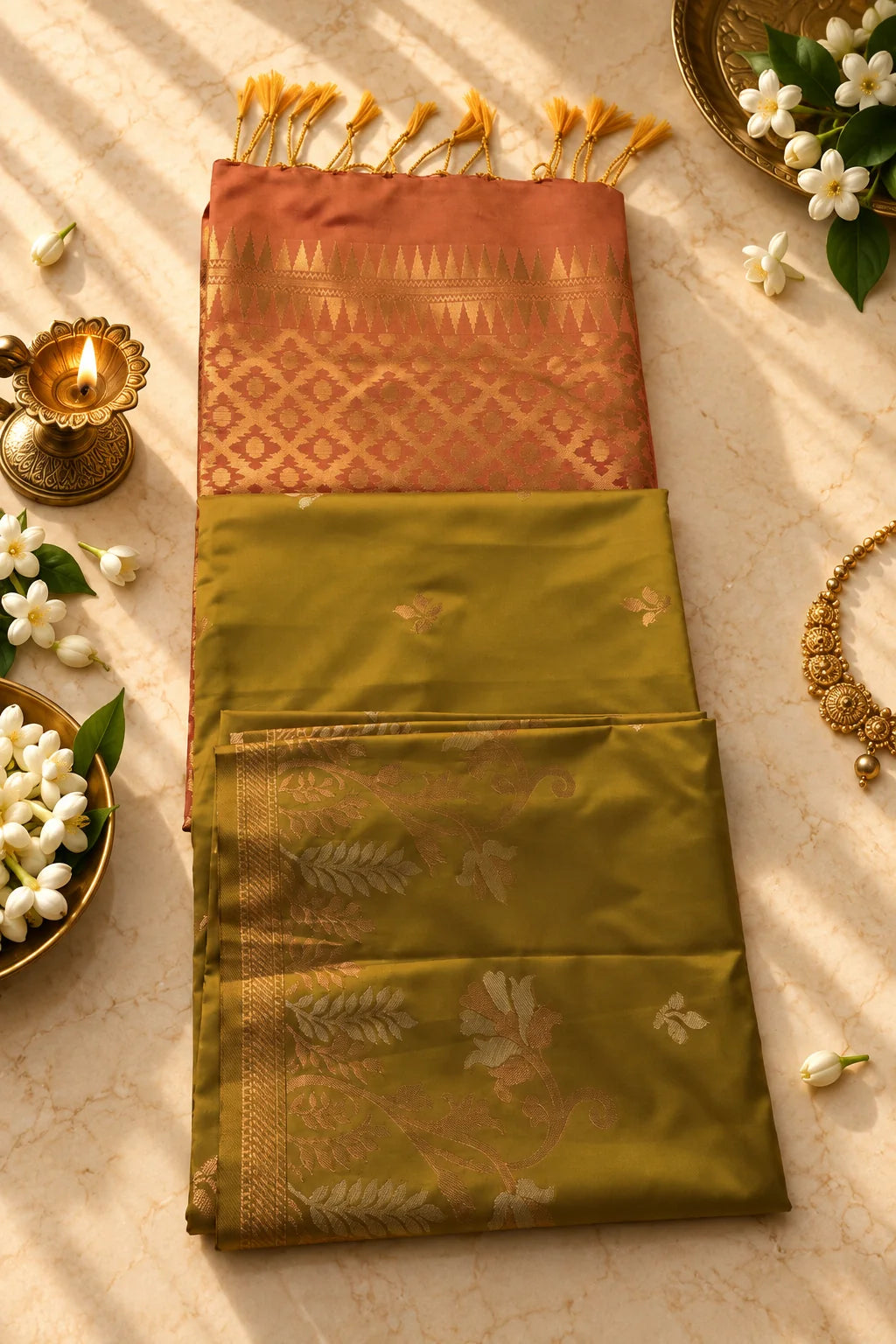 Mustard Gold & Copper Silk Saree with Floral Motifs