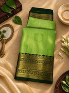 Parrot Green Silk Saree with Deep Green & Antique Gold Zari Border
