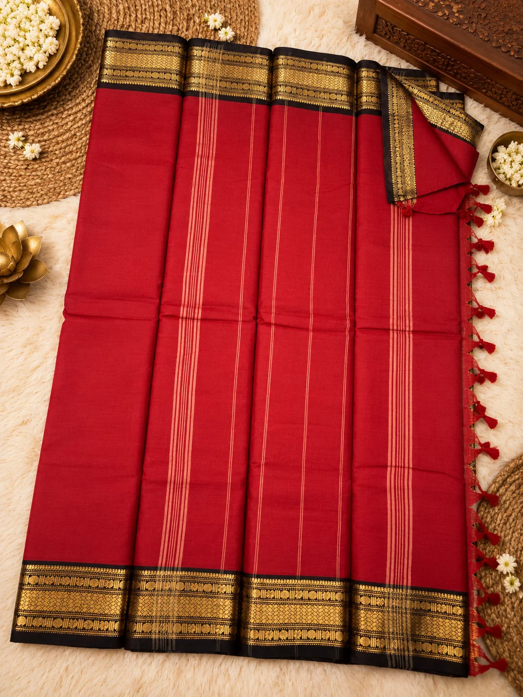 Red & Black 120 Count Cotton Saree with Rich Gold Zari Border