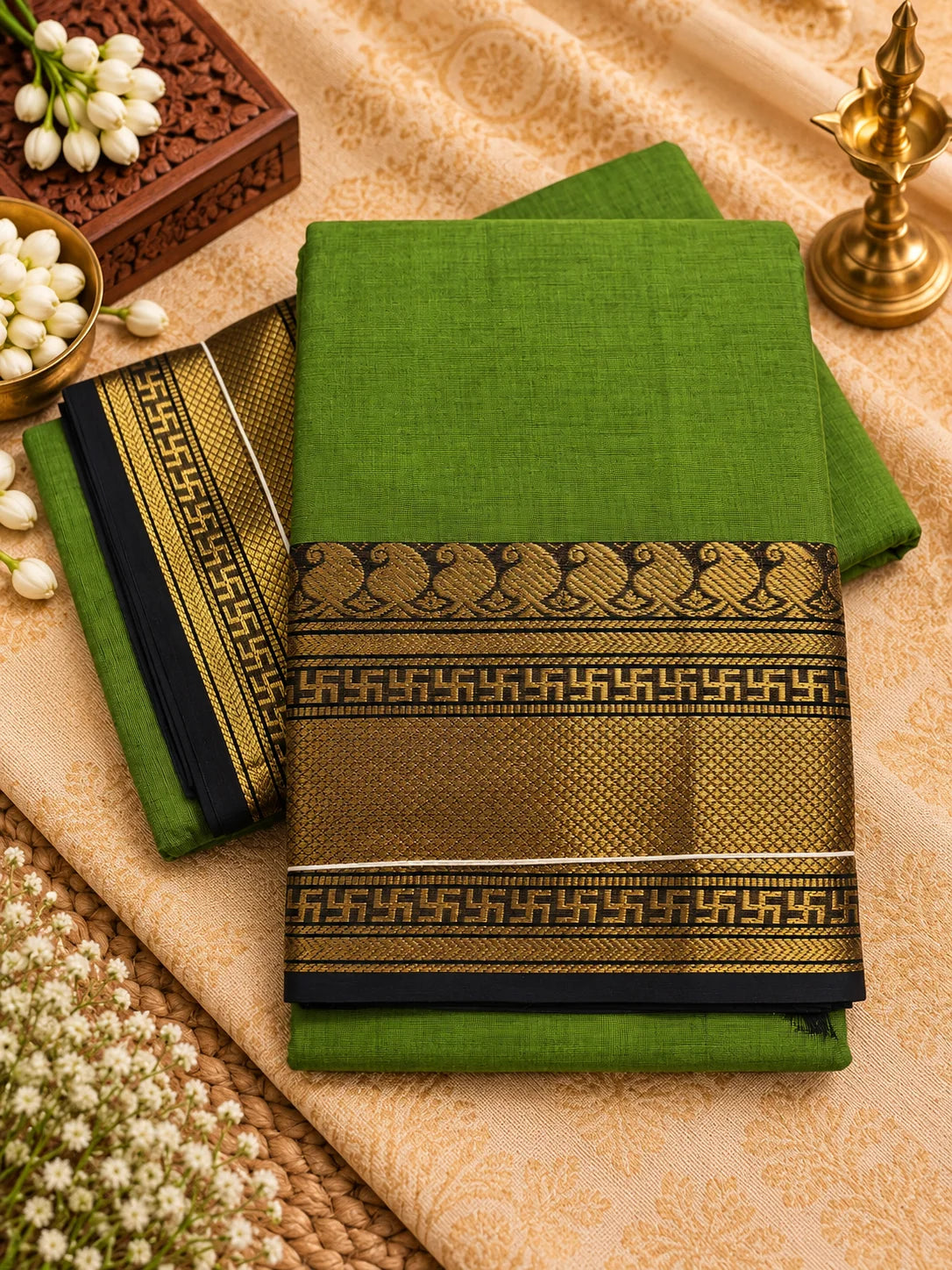 Green & Black Saree with Gold Zari Border