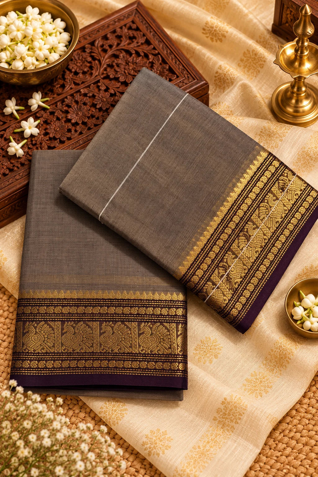 Taupe Grey Cotton Saree with Plum & Gold Zari Border