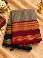 Grey Checked Saree with Black & Maroon Gold Zari Border