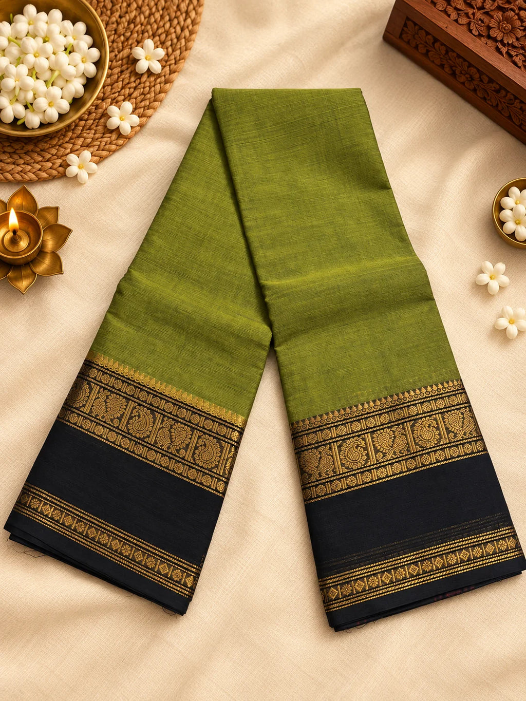 Olive Green & Black Cotton Saree with Gold Zari Border