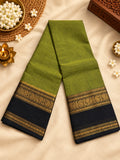 Olive Green & Black Cotton Saree with Gold Zari Border