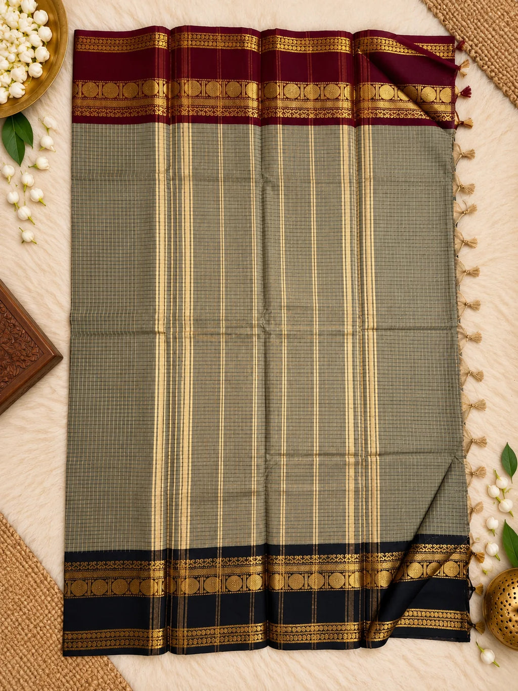 Taupe Checked Saree with Black & Maroon Gold Zari Border