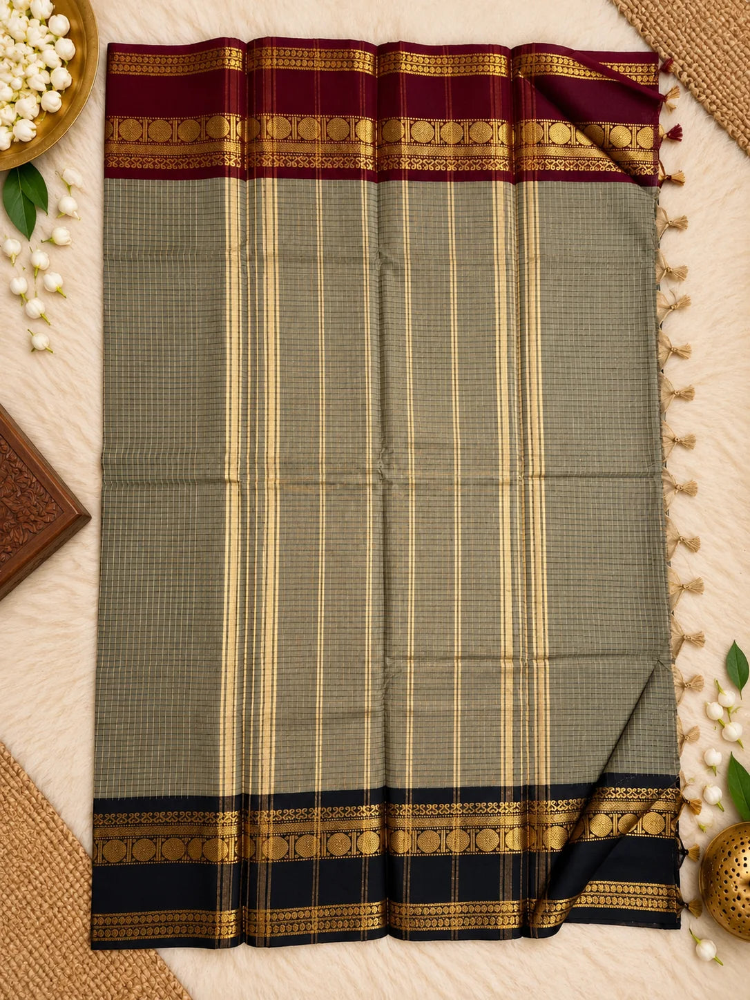 Taupe Checked Saree with Black & Maroon Gold Zari Border