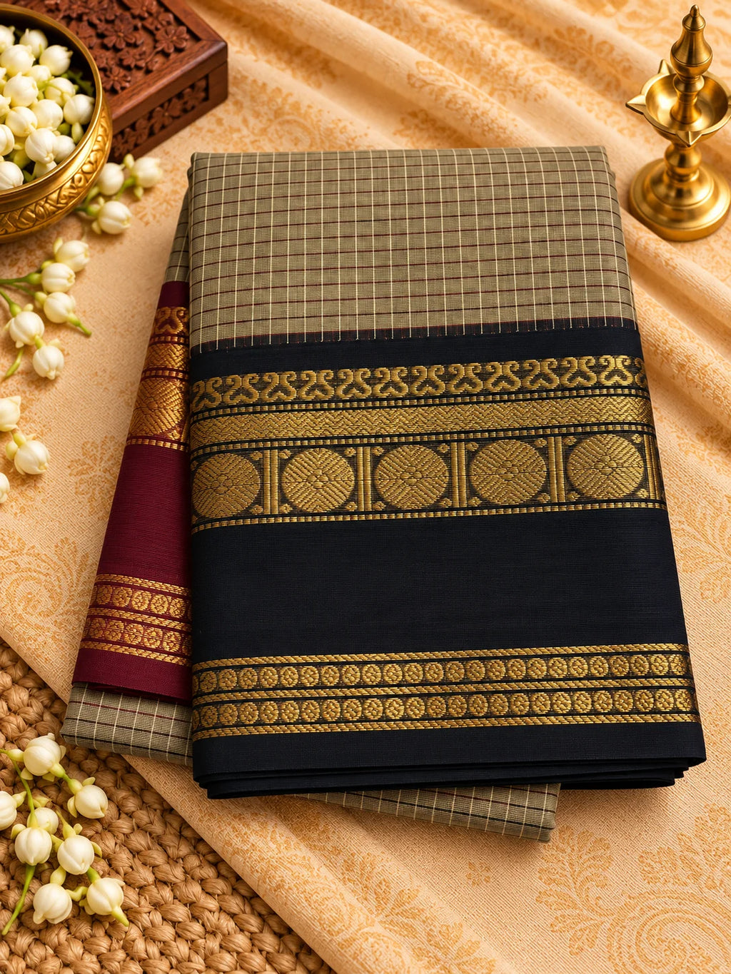 Taupe Checked Saree with Black & Maroon Gold Zari Border