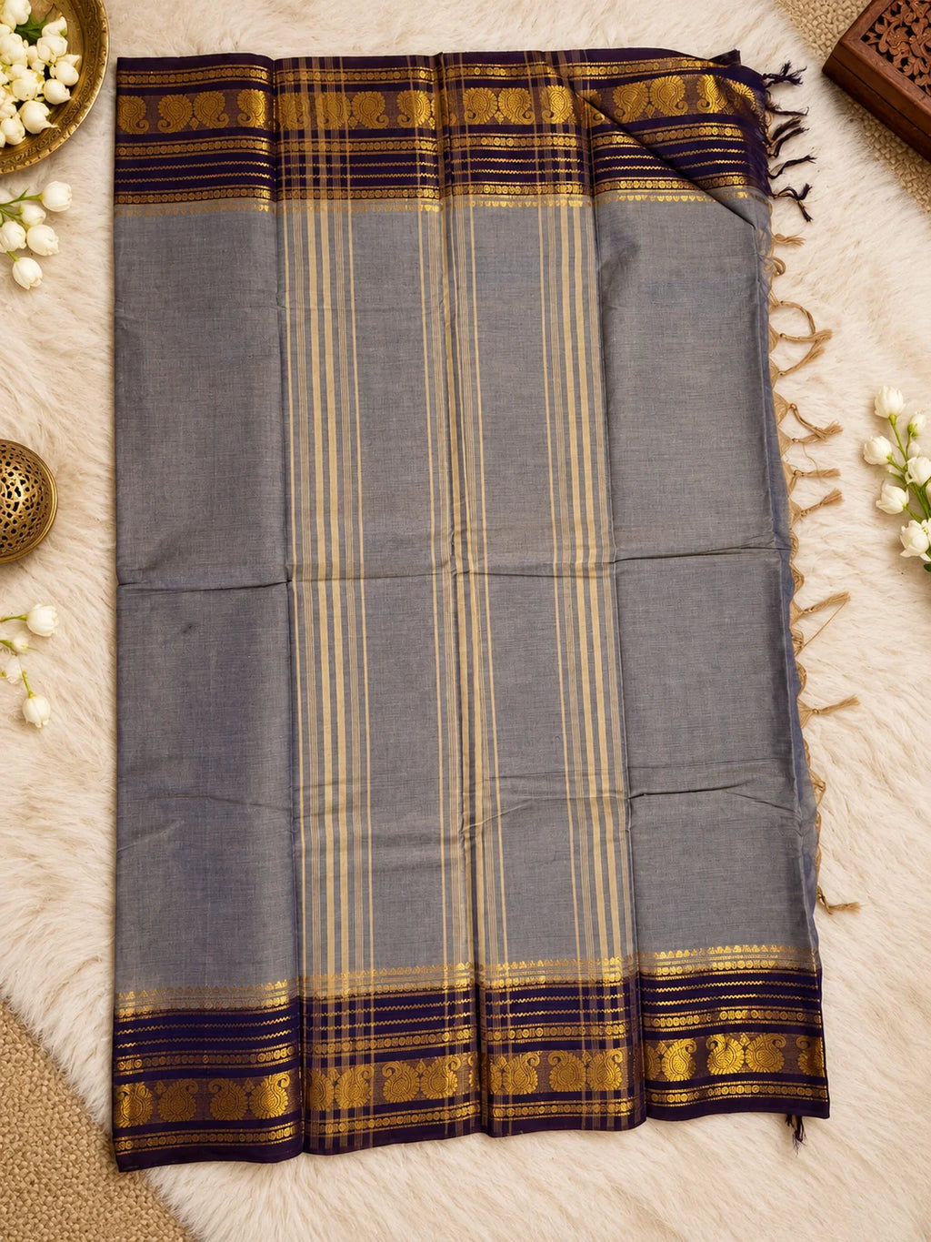 Ash Grey Cotton Saree with Purple & Gold Zari Border