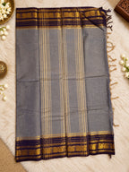 Ash Grey Cotton Saree with Purple & Gold Zari Border