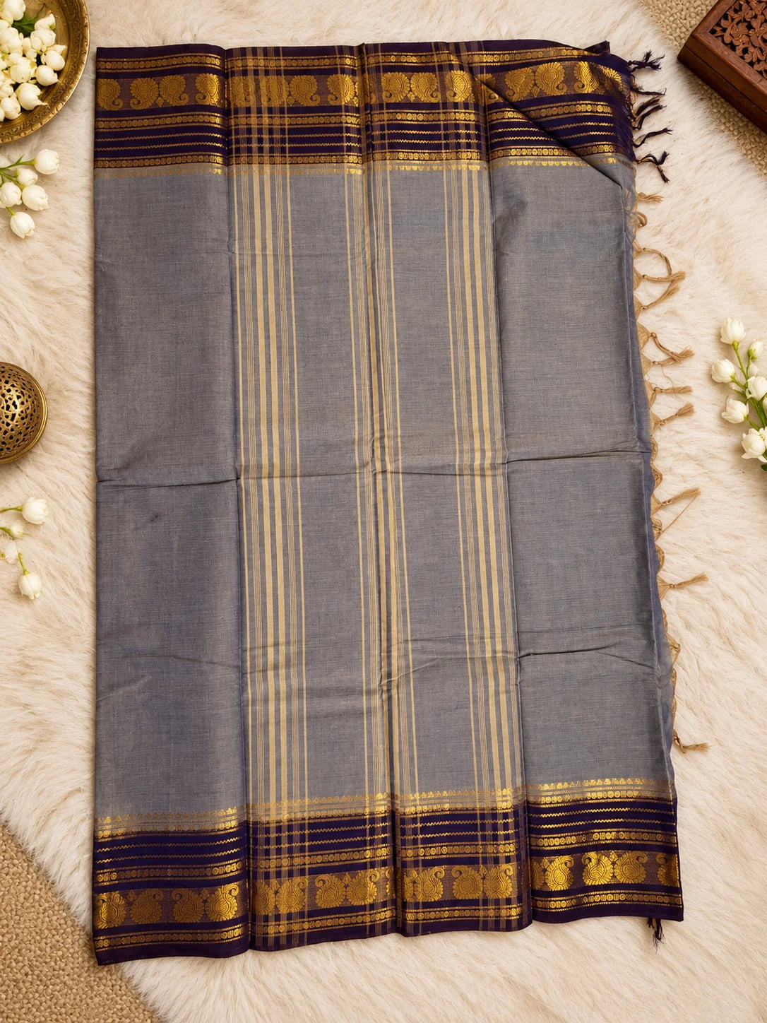 Ash Grey Cotton Saree with Purple & Gold Zari Border