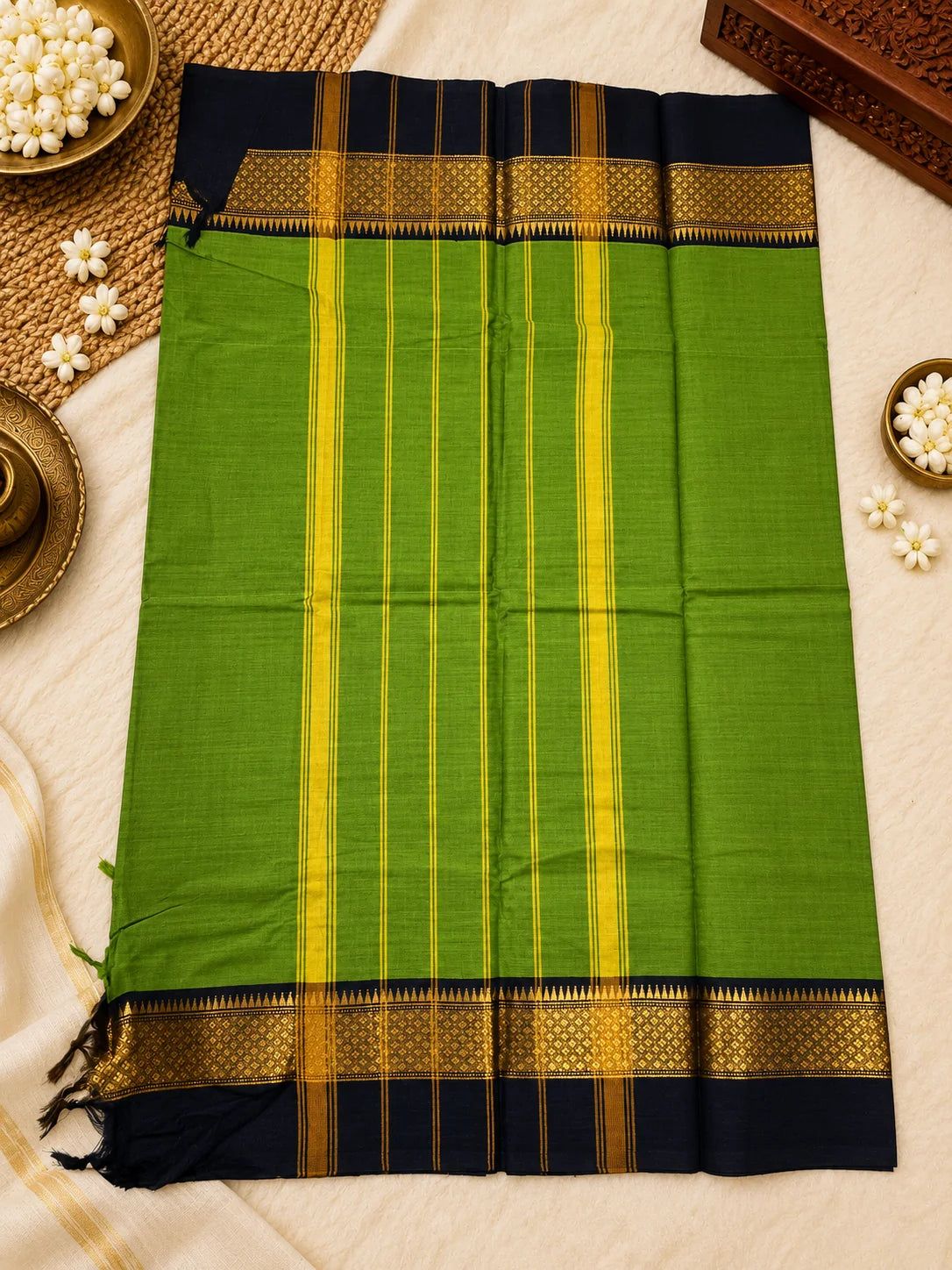 Olive Green 120 Count Cotton Saree with Black Gold Zari Border