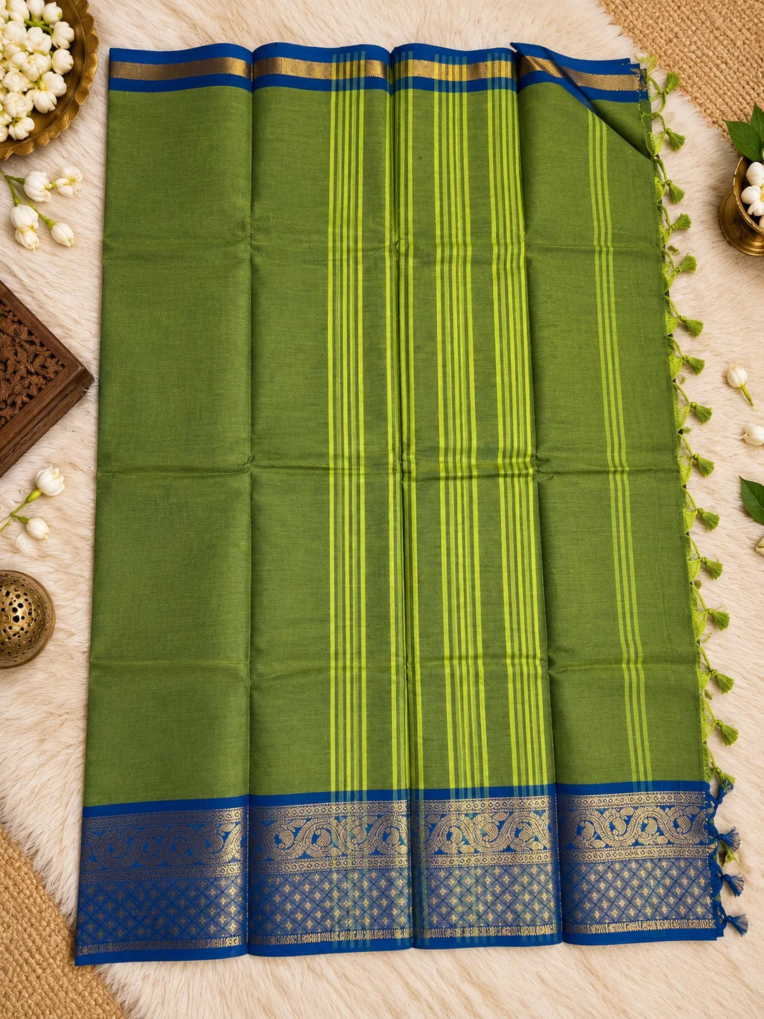 Olive Green & Royal Blue Cotton Saree with Gold Zari
