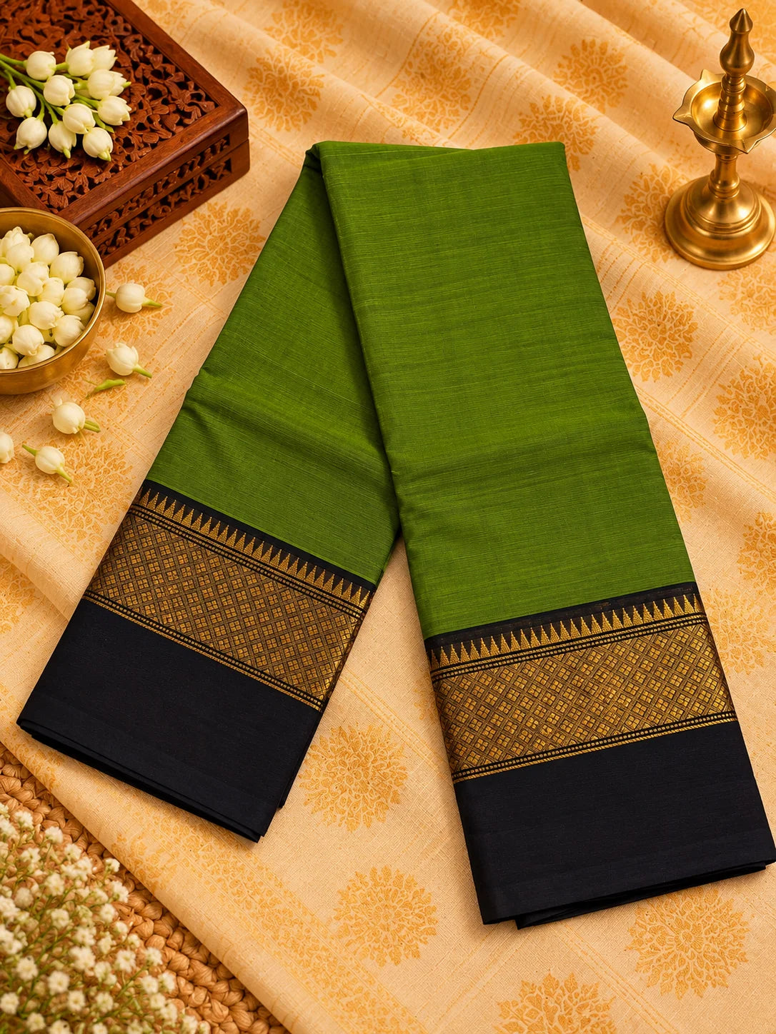 Olive Green 120 Count Cotton Saree with Black Gold Zari Border